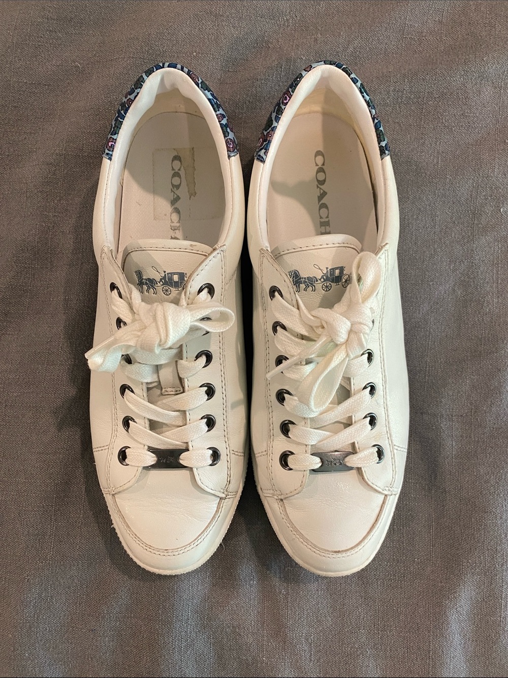 Coach Cream Leather Low-Top Sneakers with Patterned Heel Trim